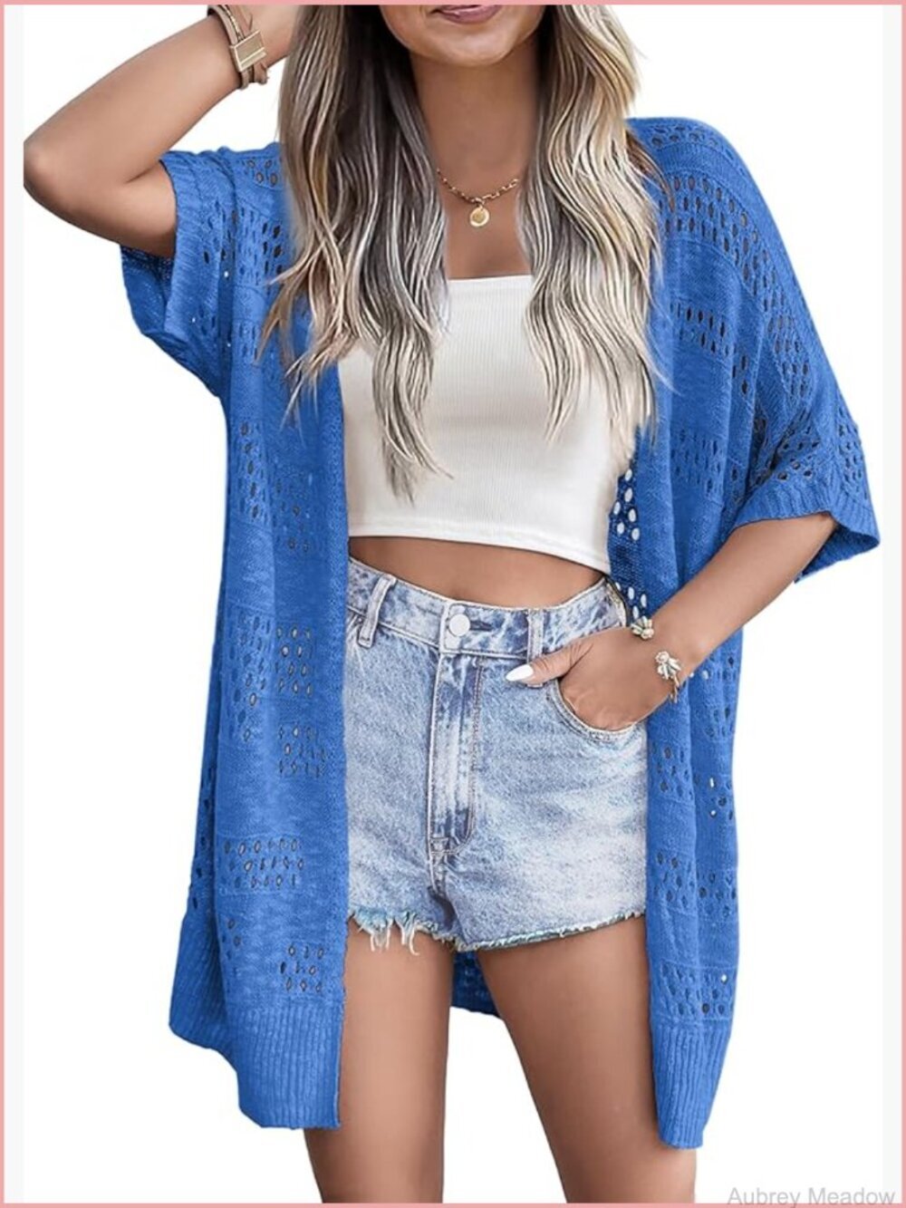 Boho Crochet Short Sleeve Cardigan Lightweight Knit Open Front
